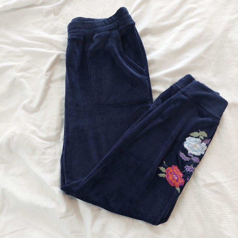 Boston Proper Boho Navy Blue Velour Embroidered Jogging Pants Medium Y2K